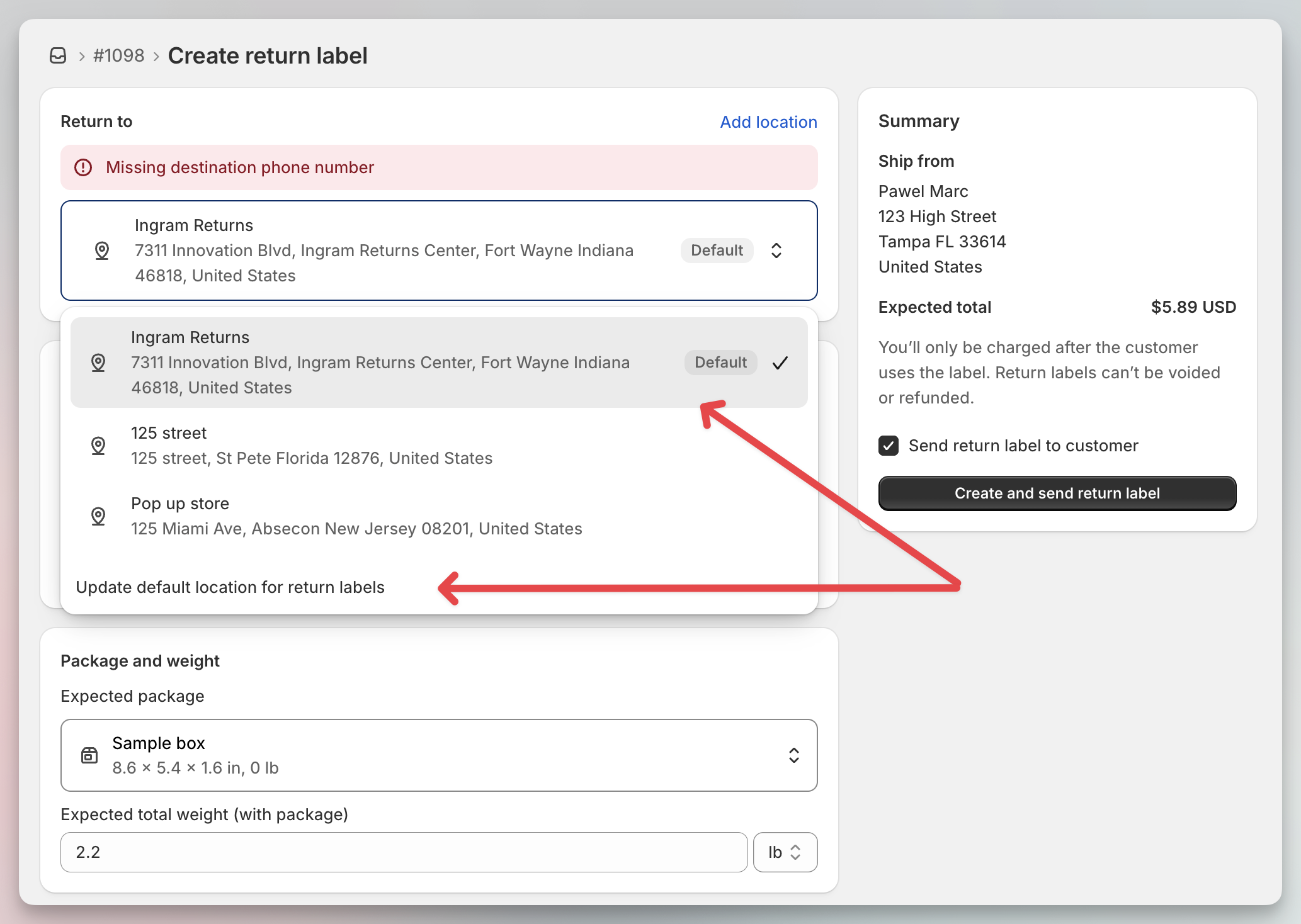 Selecting Ingram Returns and updating the default location for return labels